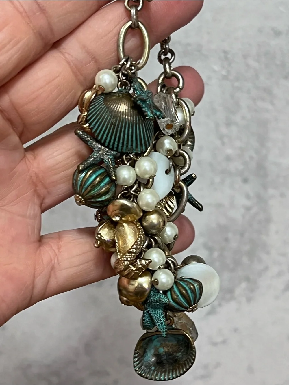 Gold Tone & Patina Turquoise Pearl Charm Beach Faux Seashell Bracelet
